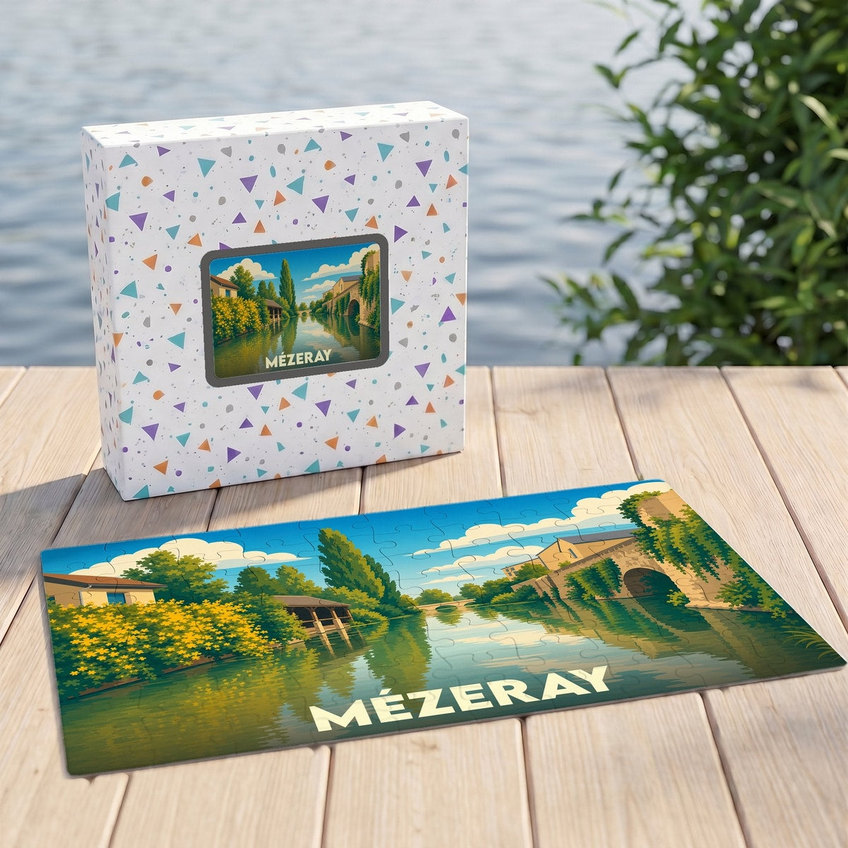 Puzzle souvenir de la ville de Mézeray présentant une illustration paysagère stylisée.