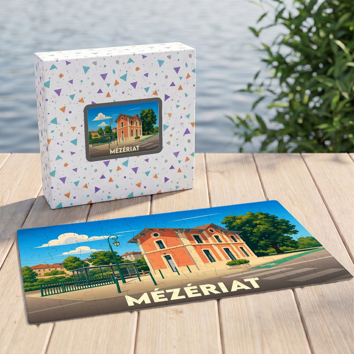 Puzzle souvenir de la ville de Mézériat avec une illustration colorée et stylisée de son patrimoine.