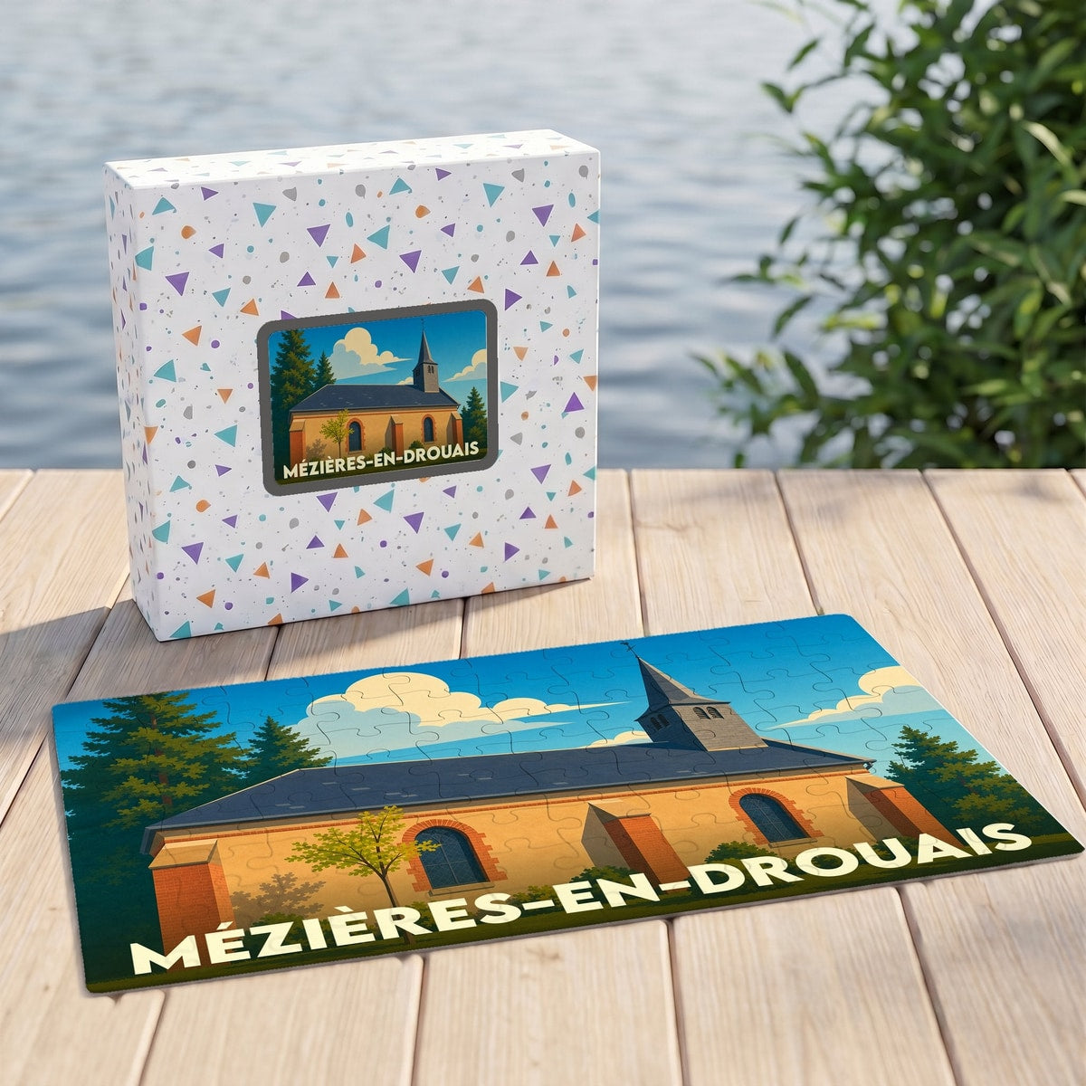Puzzle souvenir de la ville de Mézières-en-Drouais avec une illustration stylisée d'une église locale.