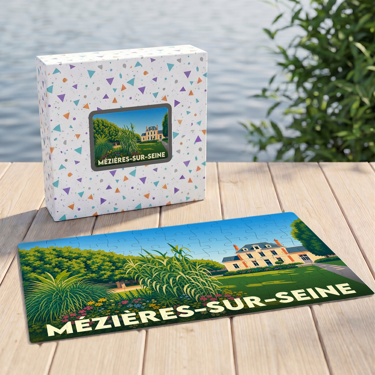 Puzzle souvenir de la ville de Mézières-sur-Seine avec une illustration stylisée et colorée.