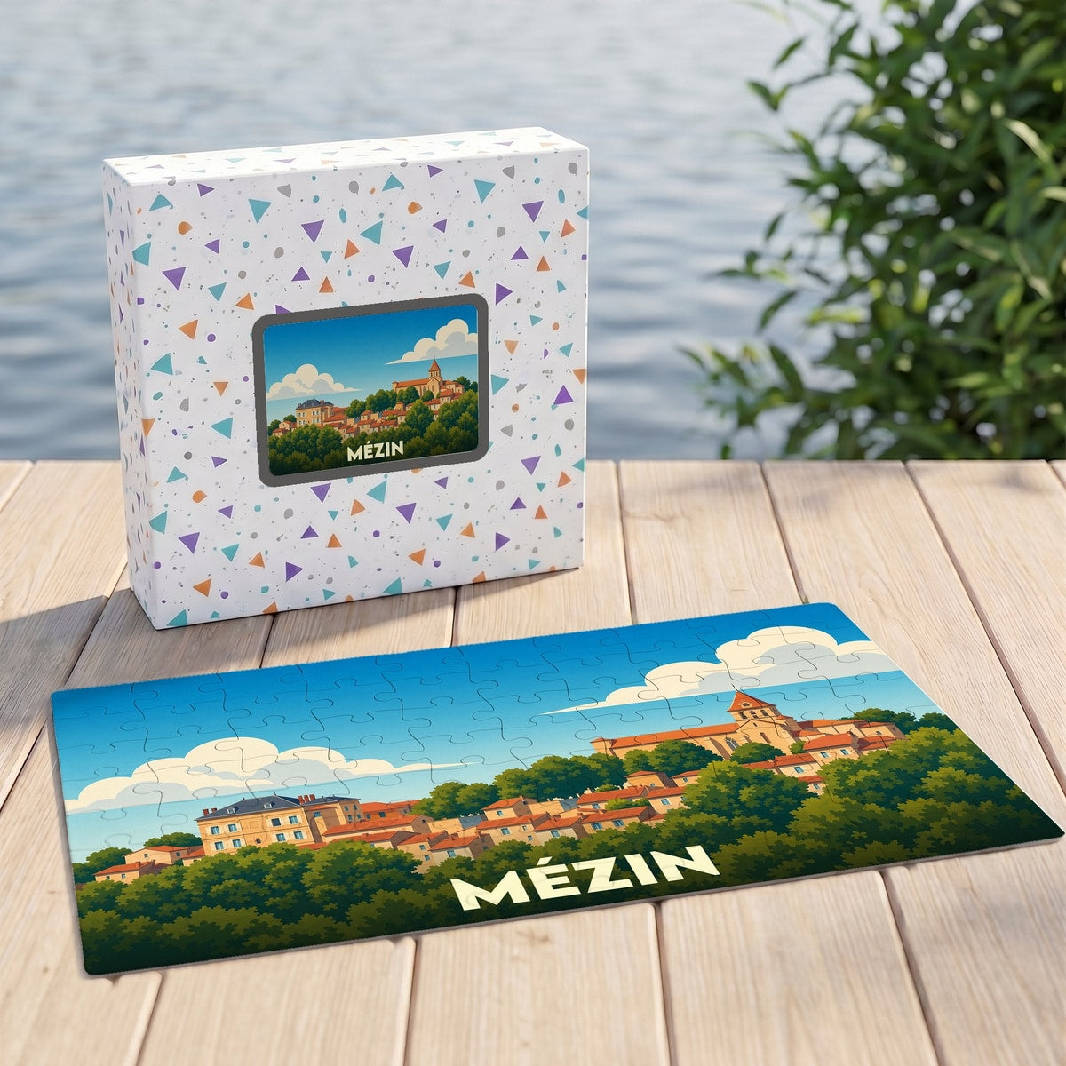 Puzzle souvenir de la ville de Mézin avec une illustration stylisée d'un paysage urbain verdoyant.