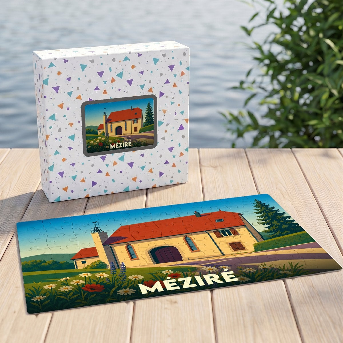 Puzzle souvenir de la ville de Méziré illustré d'un paysage stylisé et accompagné de sa boîte de rangement assortie.