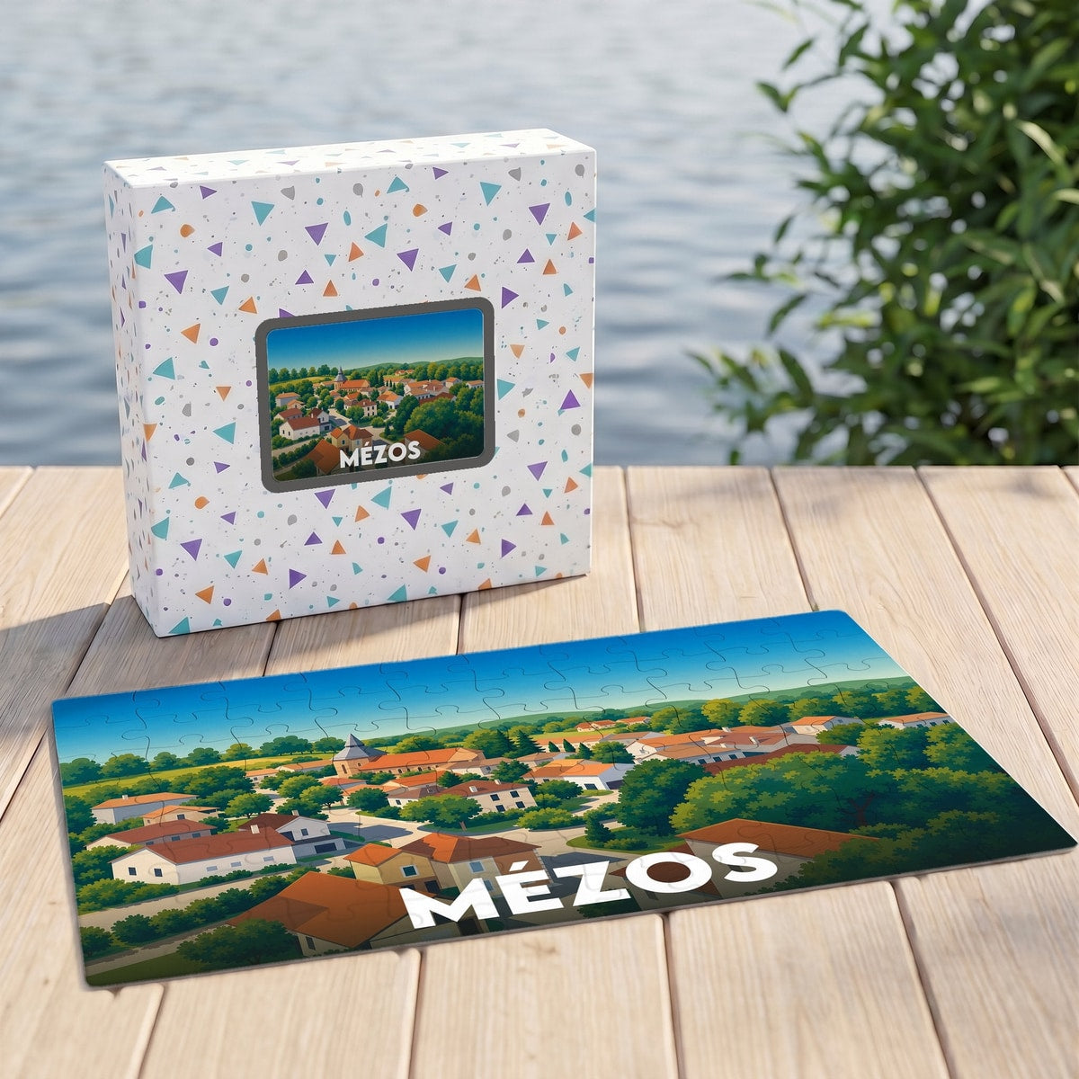 Puzzle souvenir de la ville de Mézos présentant une vue aérienne illustrée de la commune.
