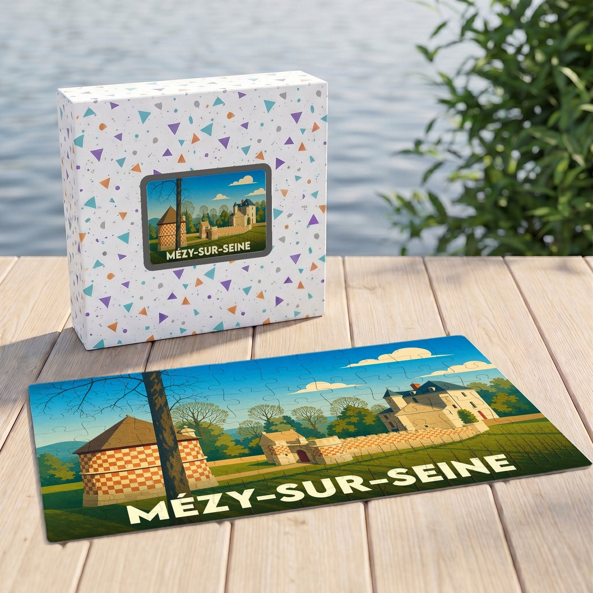 Puzzle souvenir de la ville de Mézy-sur-Seine avec une illustration stylisée et colorée.