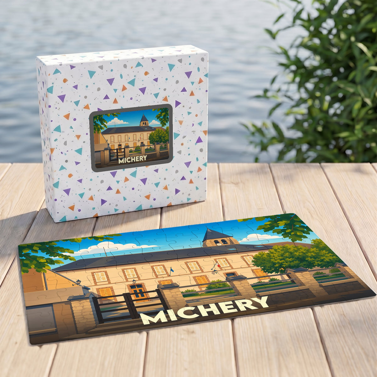 Puzzle souvenir de la ville de Michery avec une illustration stylisée de sa mairie.