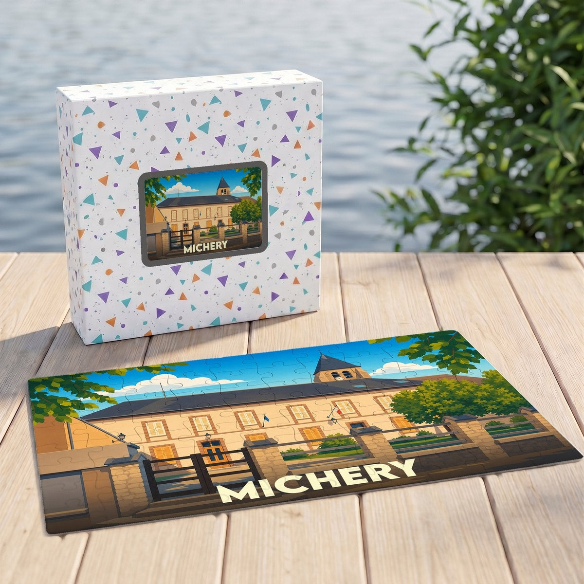 Puzzle souvenir de la ville de Michery avec une illustration stylisée de sa mairie.