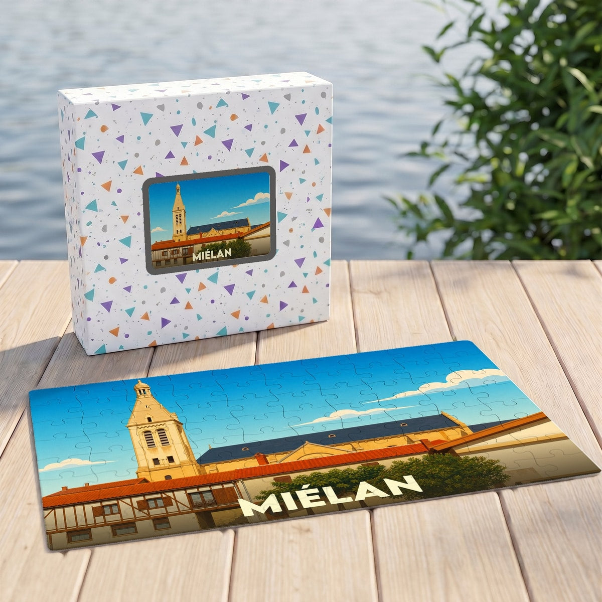 Puzzle souvenir de la ville de Miélan avec une illustration stylisée et colorée.