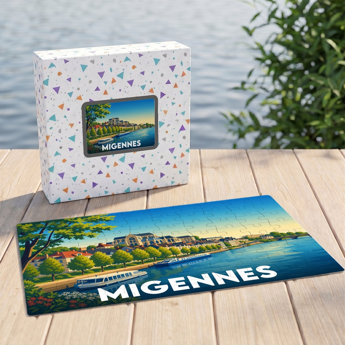 Puzzle souvenir de la ville de Migennes avec une illustration stylisée des bords de l'Yonne.