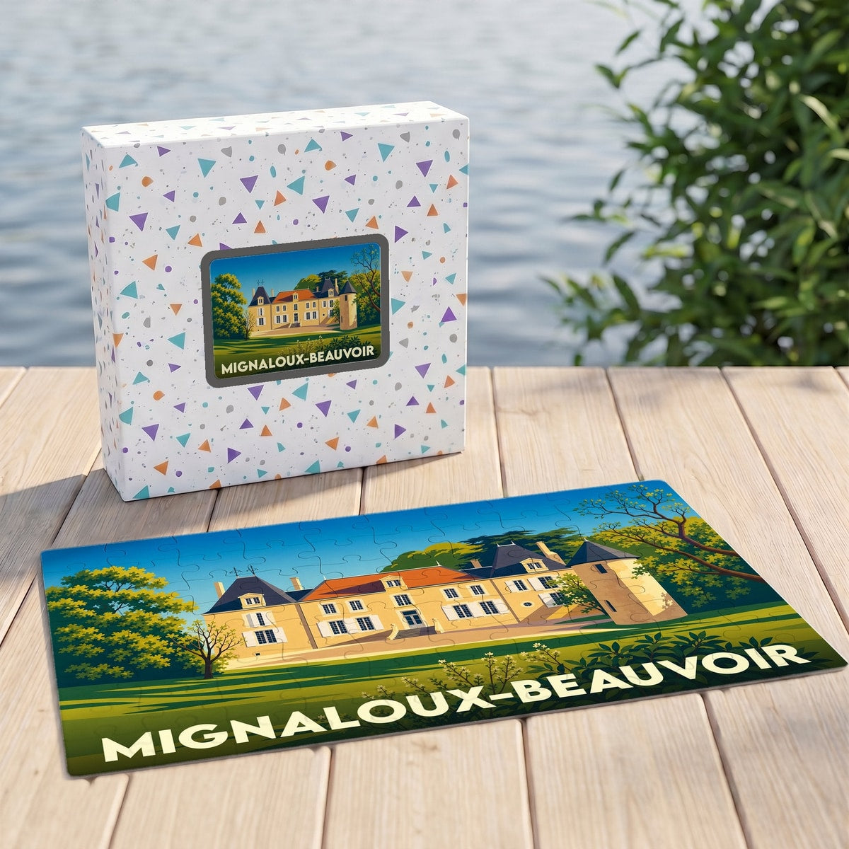 Puzzle souvenir de la ville de Mignaloux-Beauvoir avec une illustration stylisée d'un château.