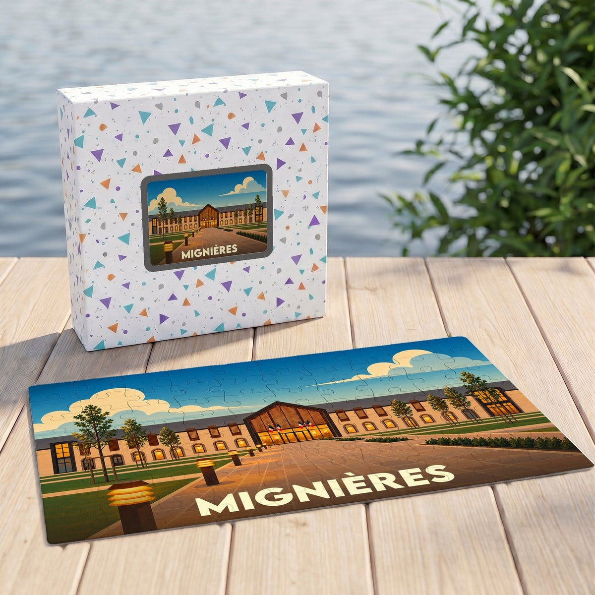 Puzzle souvenir de la ville de Mignières avec une illustration stylisée et colorée.