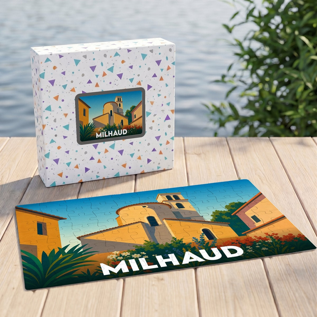 Puzzle souvenir de la ville de Milhaud avec une illustration stylisée et colorée.