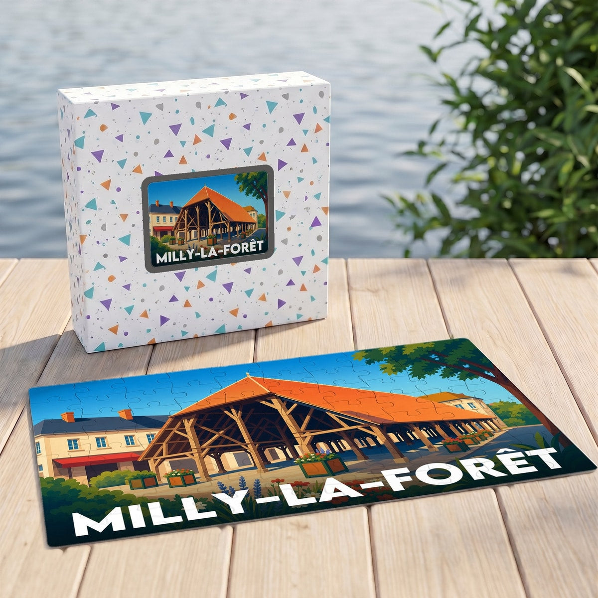 Puzzle souvenir de la ville de Milly-la-Forêt avec une illustration stylisée de sa célèbre halle médiévale.