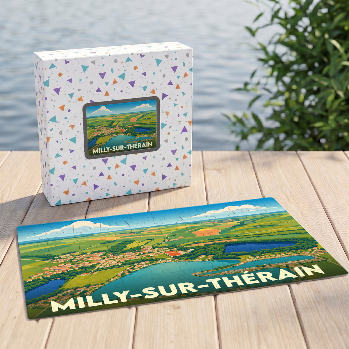 Puzzle souvenir de la ville de Milly-sur-Thérain avec une illustration paysagère stylisée.