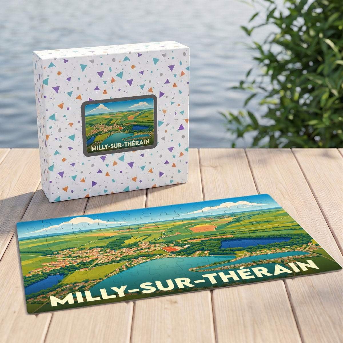 Puzzle souvenir de la ville de Milly-sur-Thérain avec une illustration panoramique stylisée.