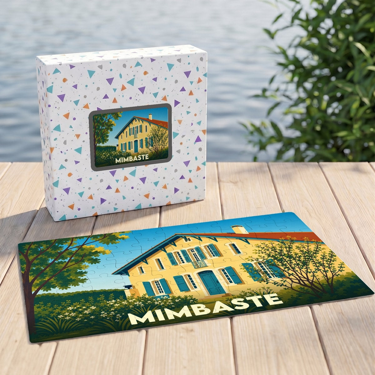 Puzzle souvenir de la ville de Mimbaste avec une illustration colorée d'une maison landaise.