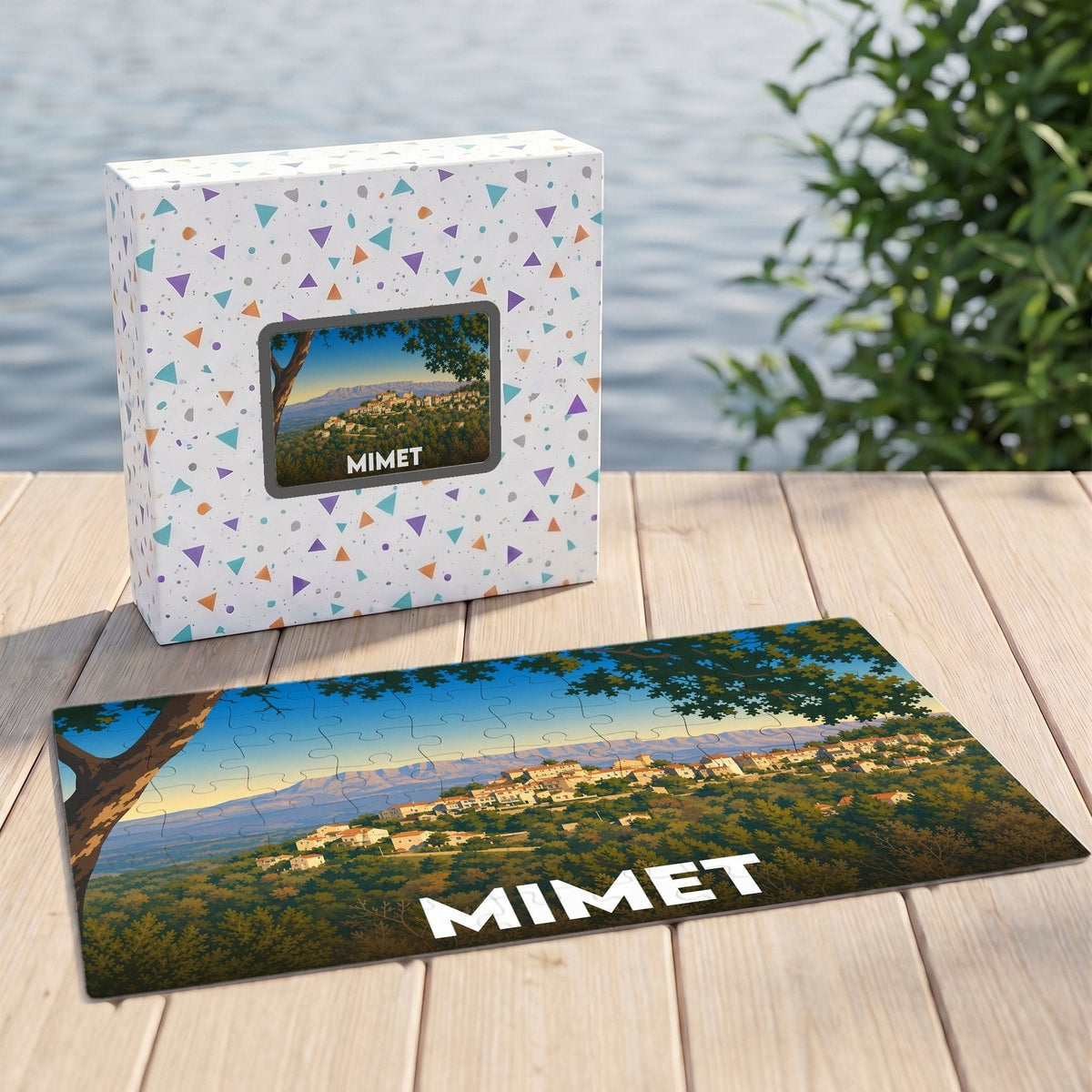 Puzzle souvenir de la ville de Mimet avec une illustration paysagère stylisée.