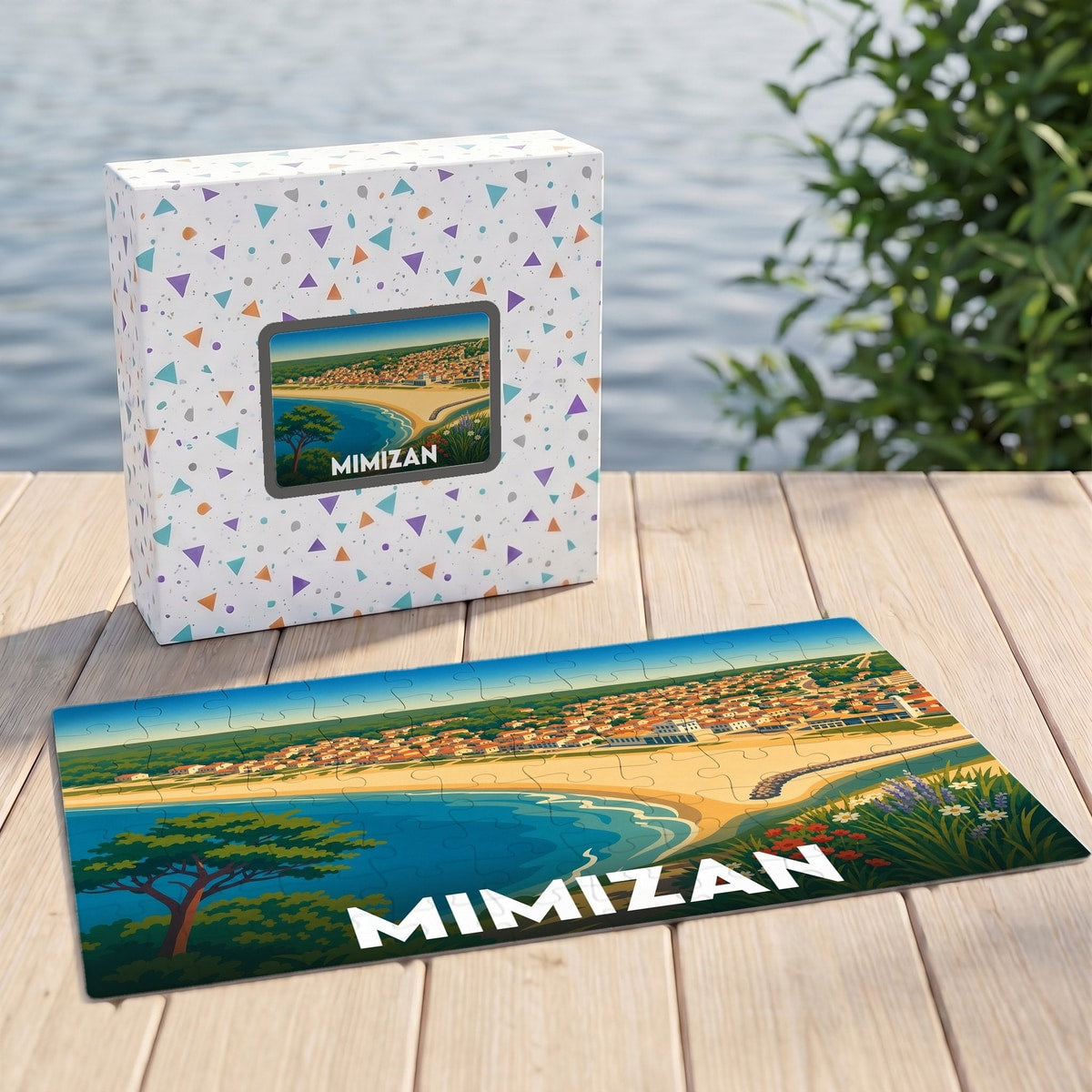 Puzzle souvenir de la ville de Mimizan avec une illustration stylisée de sa côte.