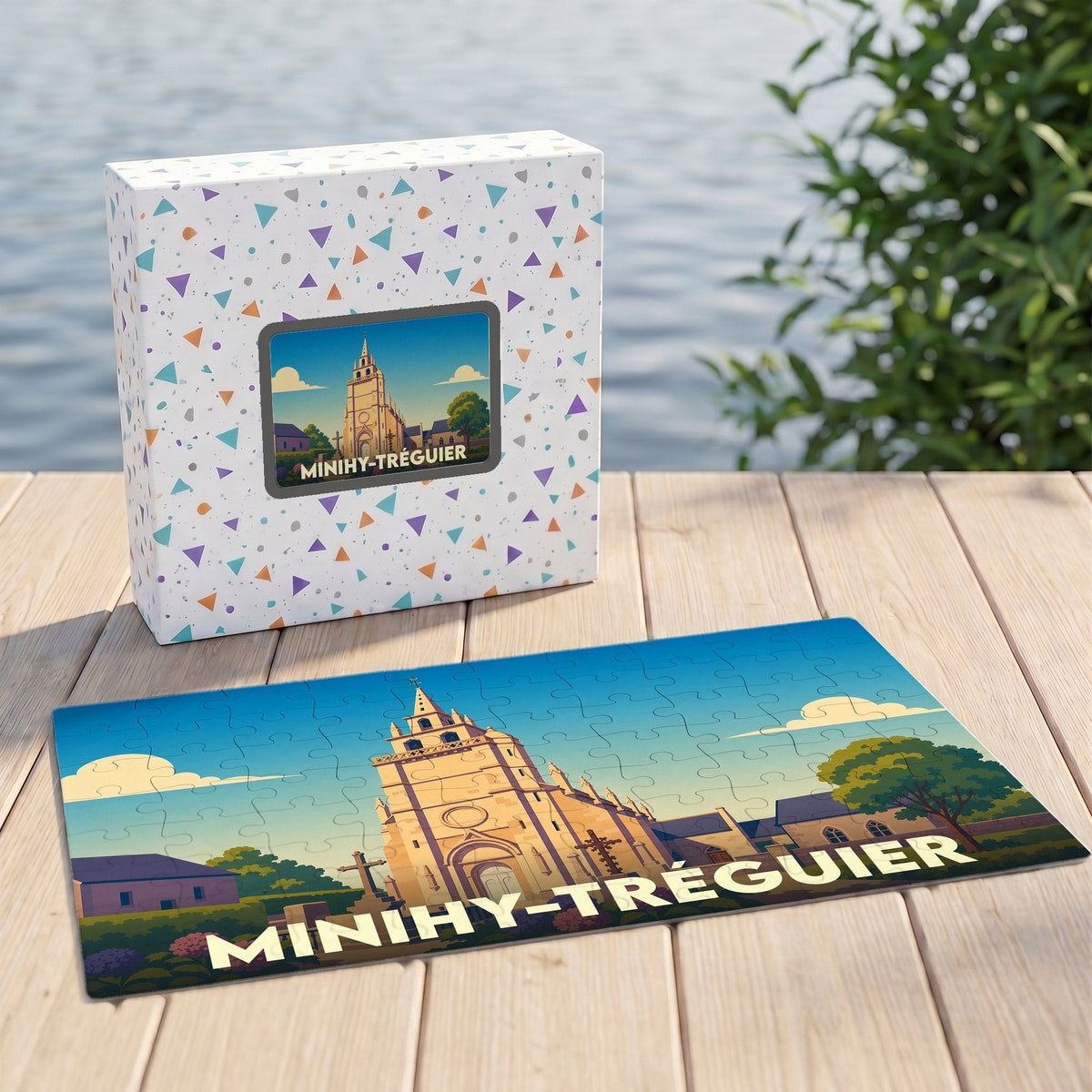 Puzzle souvenir de la ville de Minihy-Tréguier avec une illustration stylisée de son église.