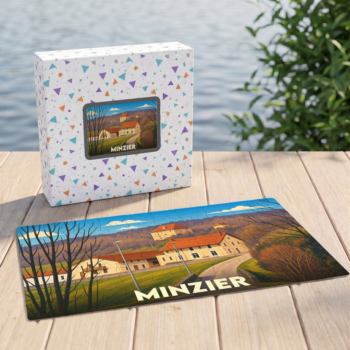 Puzzle souvenir de la ville de Minzier avec une illustration stylisée de son paysage urbain.
