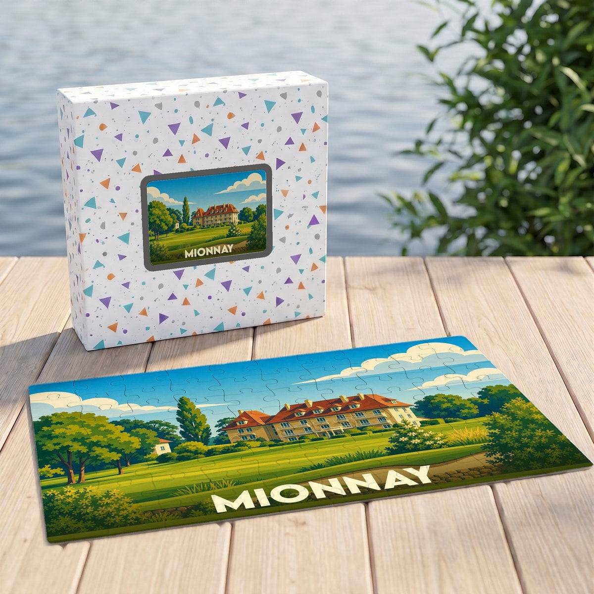 Puzzle souvenir de la ville de Mionnay avec une illustration stylisée d'un domaine verdoyant.