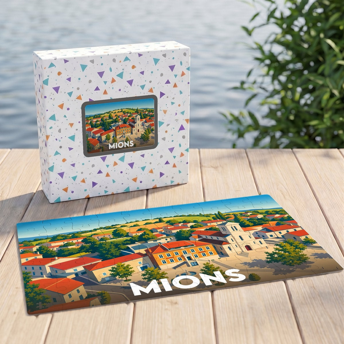Puzzle souvenir de la ville de Mions avec une illustration stylisée et colorée.