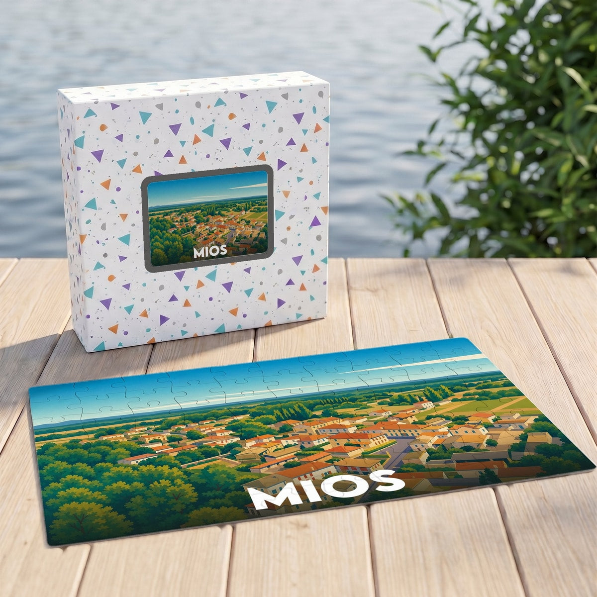 Puzzle souvenir de la ville de Mios avec une illustration stylisée de ses paysages vue du ciel.