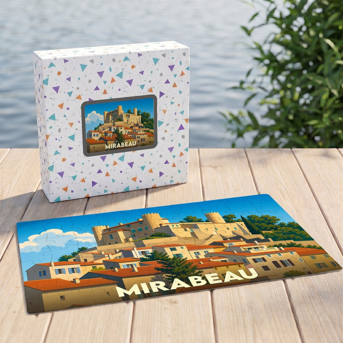 Puzzle souvenir de la ville de Mirabeau représentant son château et ses maisons provençales dans un style illustré.