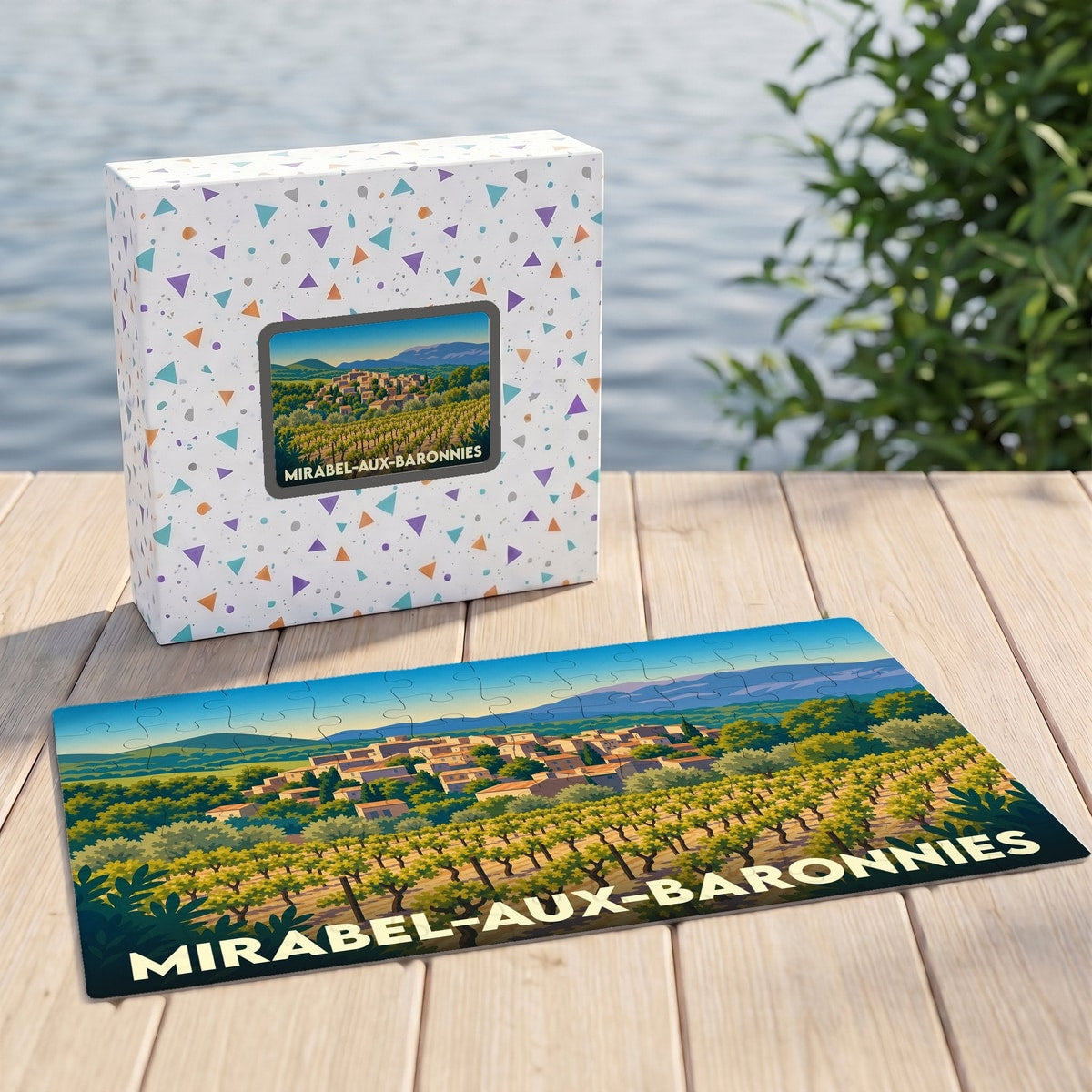 Puzzle souvenir de la ville de Mirabel-aux-Baronnies avec une illustration stylisée de son paysage provençal.