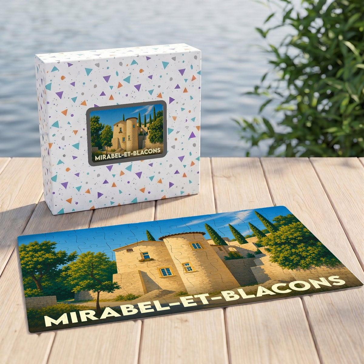 Puzzle souvenir de la ville de Mirabel-et-Blacons avec son illustration stylisée et sa boîte assortie.