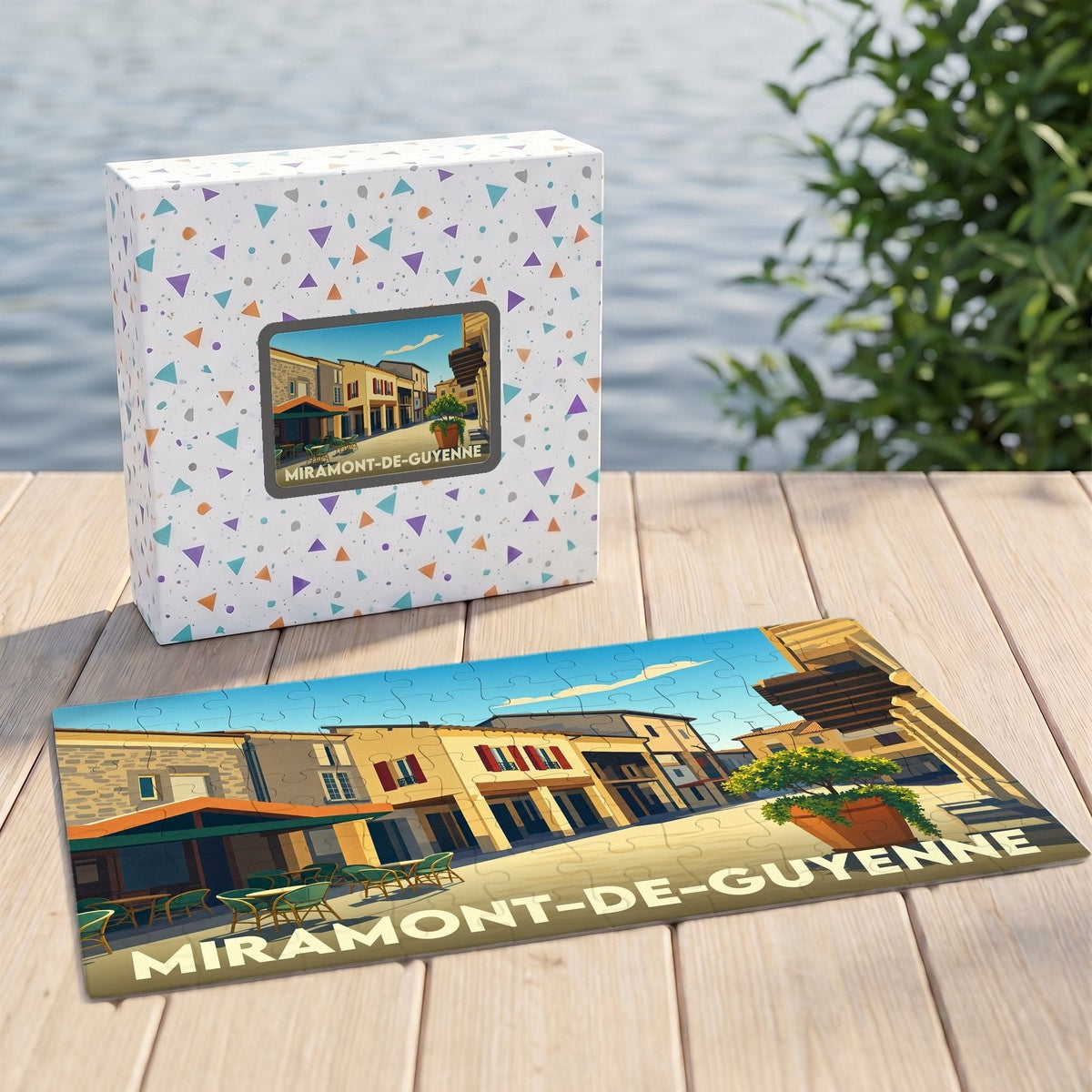 Puzzle souvenir de la ville de Miramont-de-Guyenne avec une illustration stylisée et colorée.