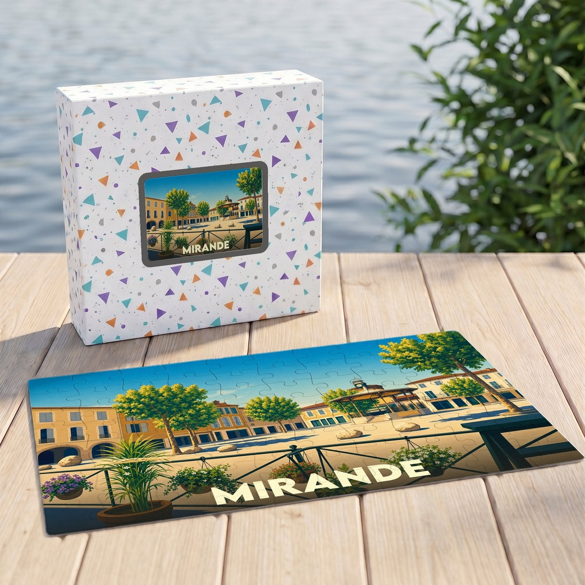 Puzzle souvenir de la ville de Mirande avec une illustration colorée de sa place principale.