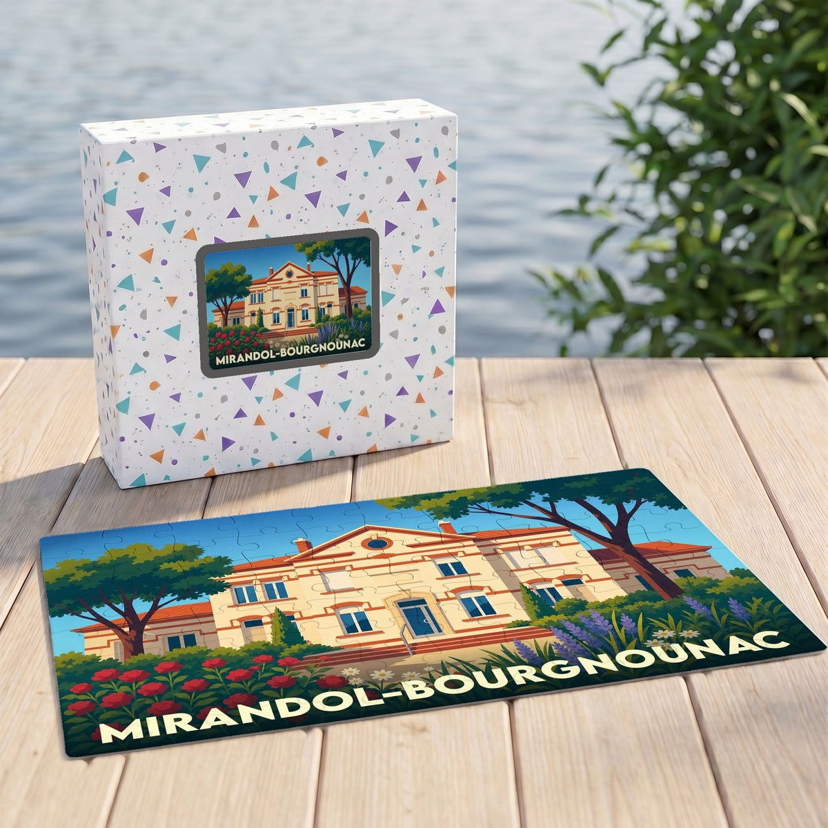 Puzzle souvenir de la ville de Mirandol-Bourgnounac avec une illustration stylisée d'un bâtiment historique.