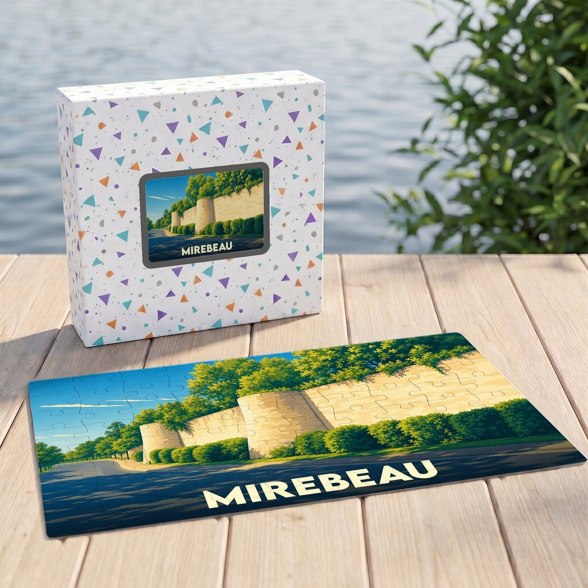 Puzzle souvenir de la ville de Mirebeau avec une illustration stylisée de ses remparts.