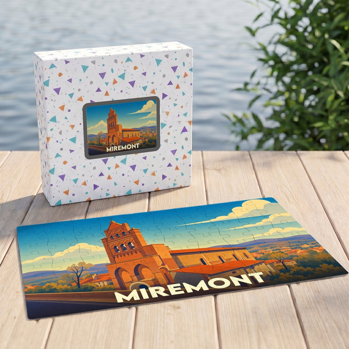 Puzzle souvenir de la ville de Miremont avec une illustration stylisée de son église et de son paysage.