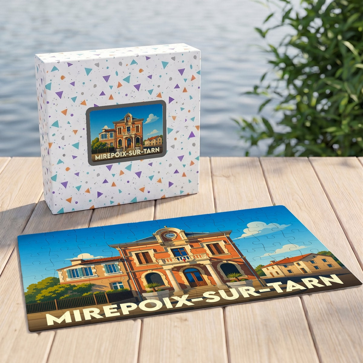 Puzzle souvenir de la ville de Mirepoix-sur-Tarn avec une illustration stylisée de son hôtel de ville.