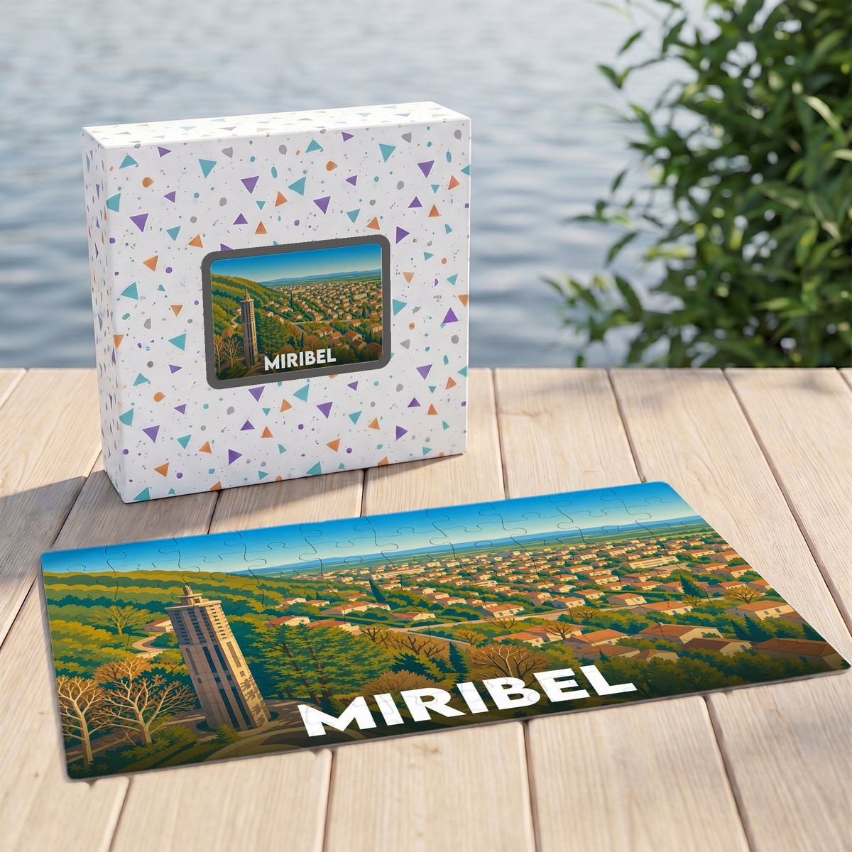 Puzzle souvenir de la ville de Miribel avec une illustration panoramique stylisée.