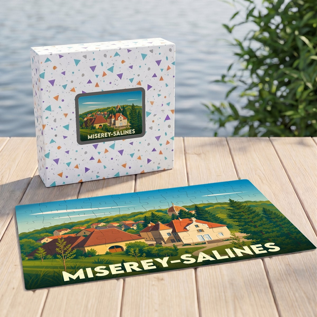 Puzzle souvenir de la ville de Miserey-Salines avec une illustration paysagère stylisée.