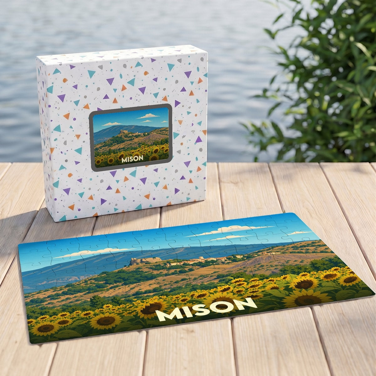 Puzzle souvenir de la ville de Mison avec une illustration stylisée de son paysage et de ses tournesols.