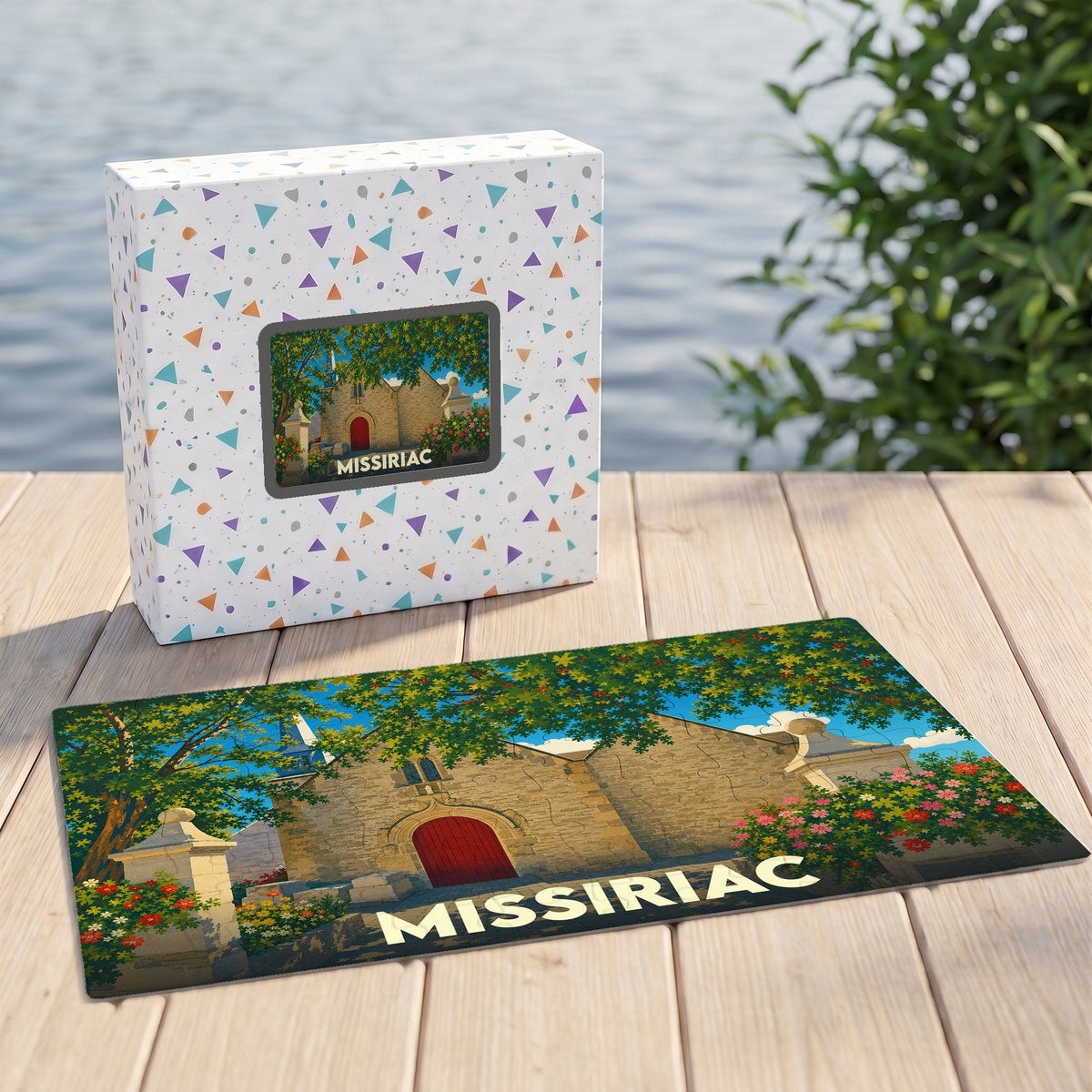 Puzzle souvenir de la ville de Missiriac avec une illustration stylisée d'un bâtiment historique.