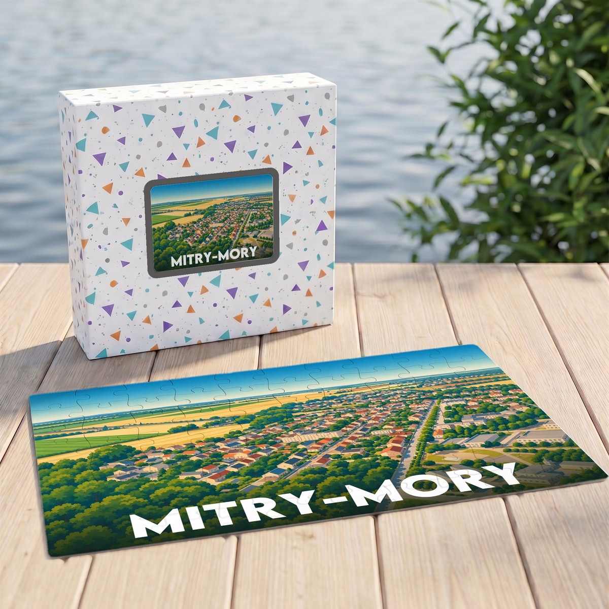 Puzzle souvenir de la ville de Mitry-Mory avec une illustration aérienne colorée.