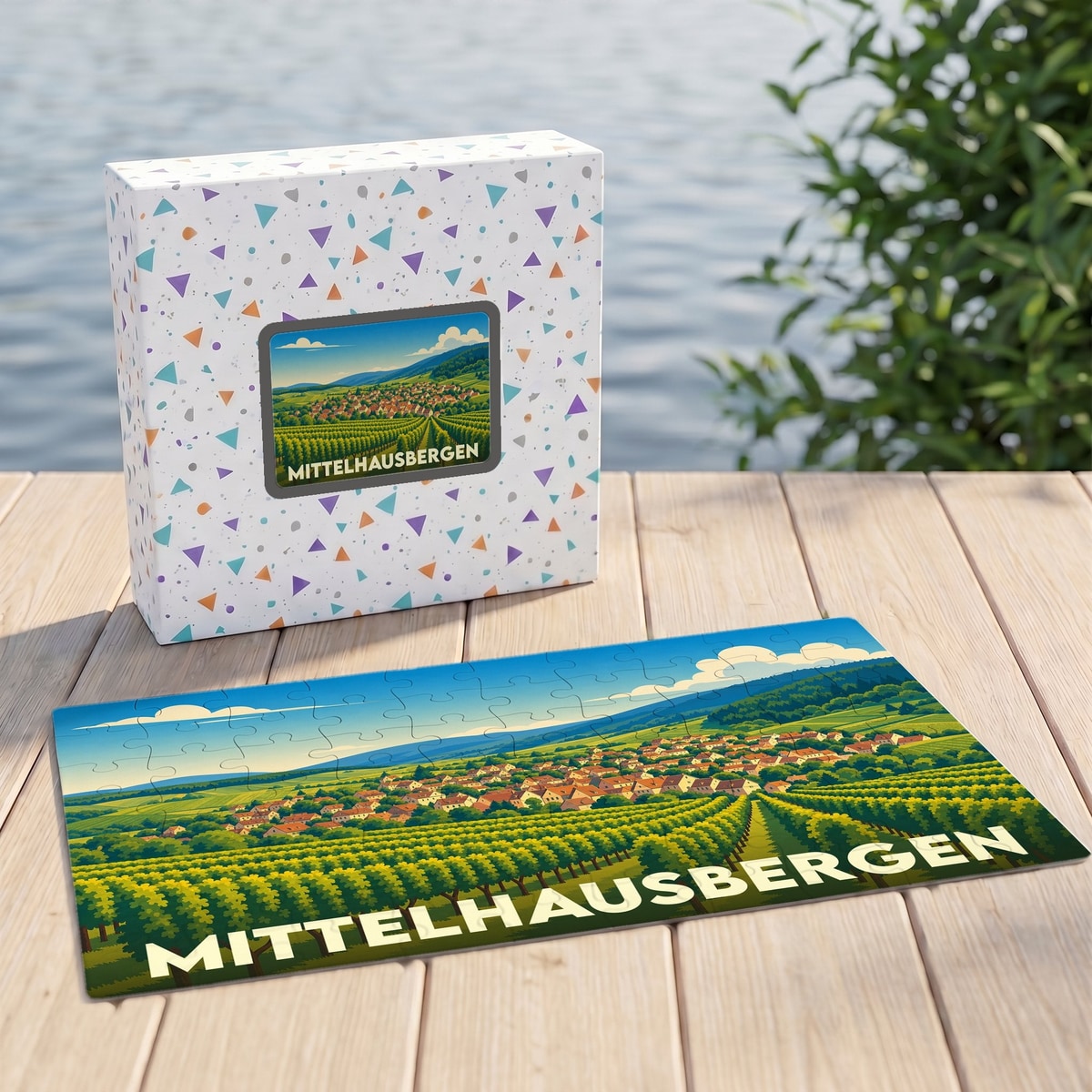 Puzzle souvenir de la ville de Mittelhausbergen avec une illustration stylisée de ses vignobles.