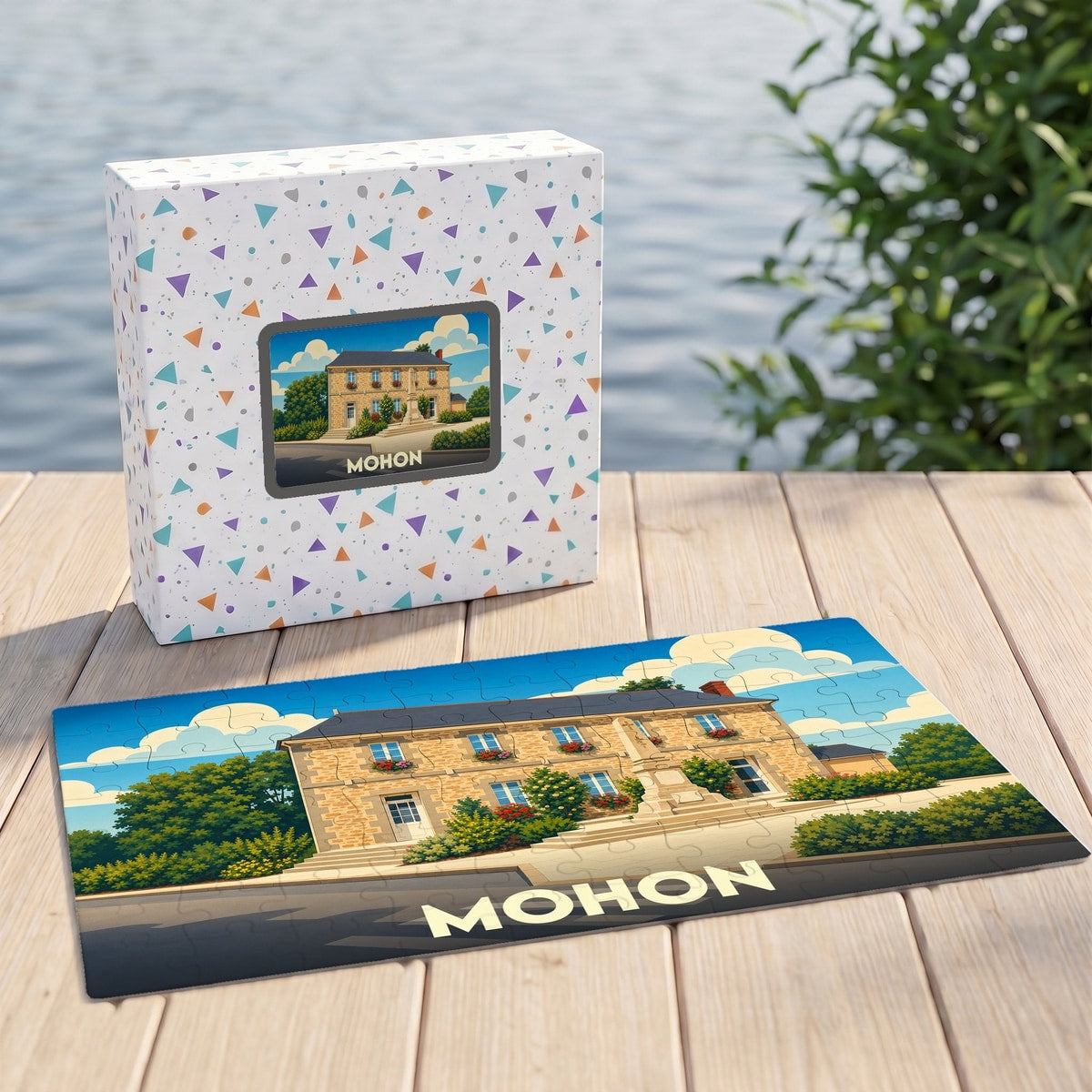 Puzzle souvenir de la ville de Mohon avec une illustration stylisée d'un bâtiment historique.