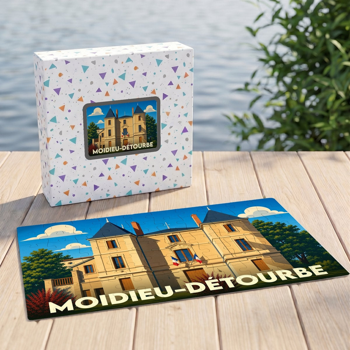 Puzzle souvenir de la ville de Moidieu-Détourbe avec une illustration stylisée de sa mairie.