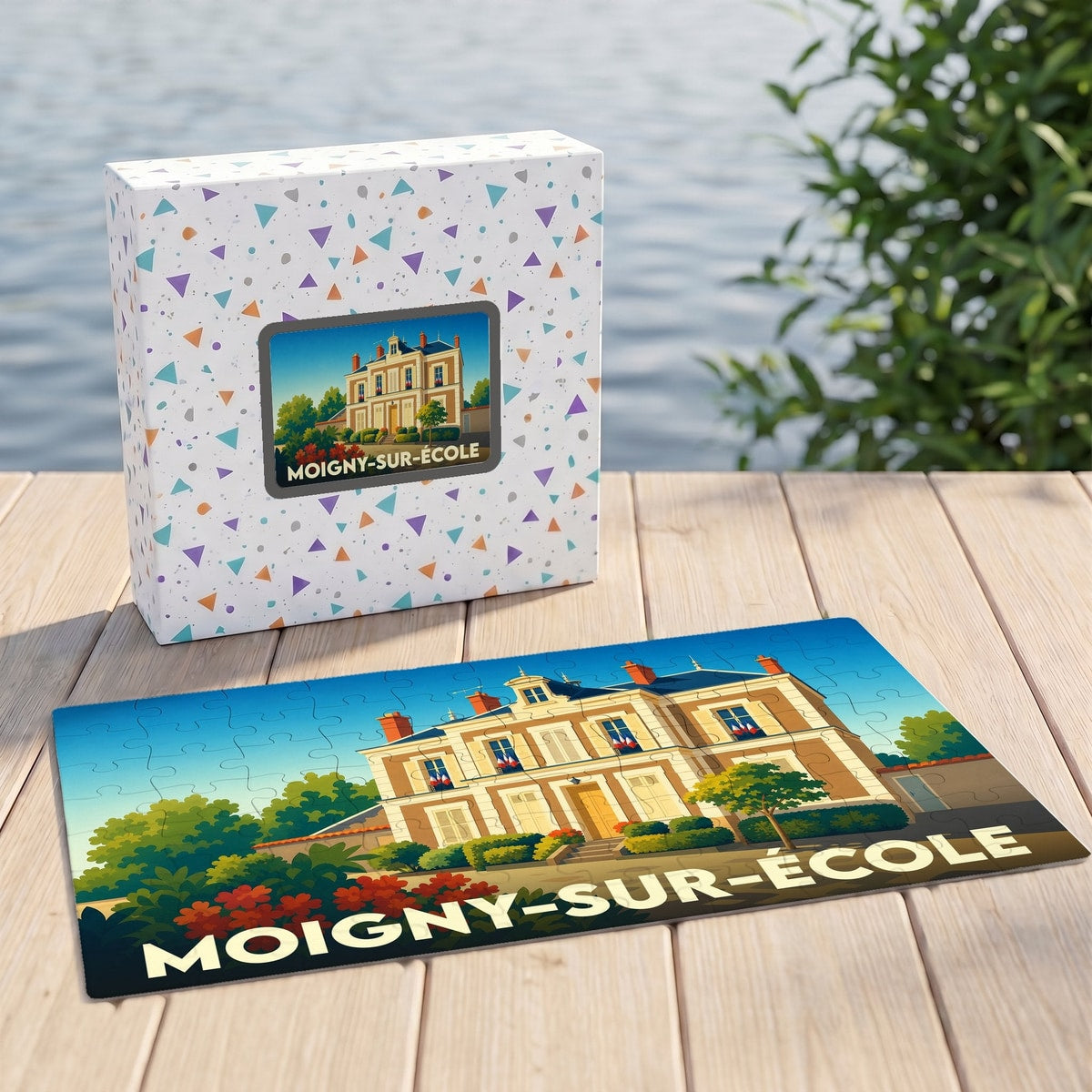 Puzzle souvenir de la ville de Moigny-sur-École avec une illustration stylisée de sa mairie.