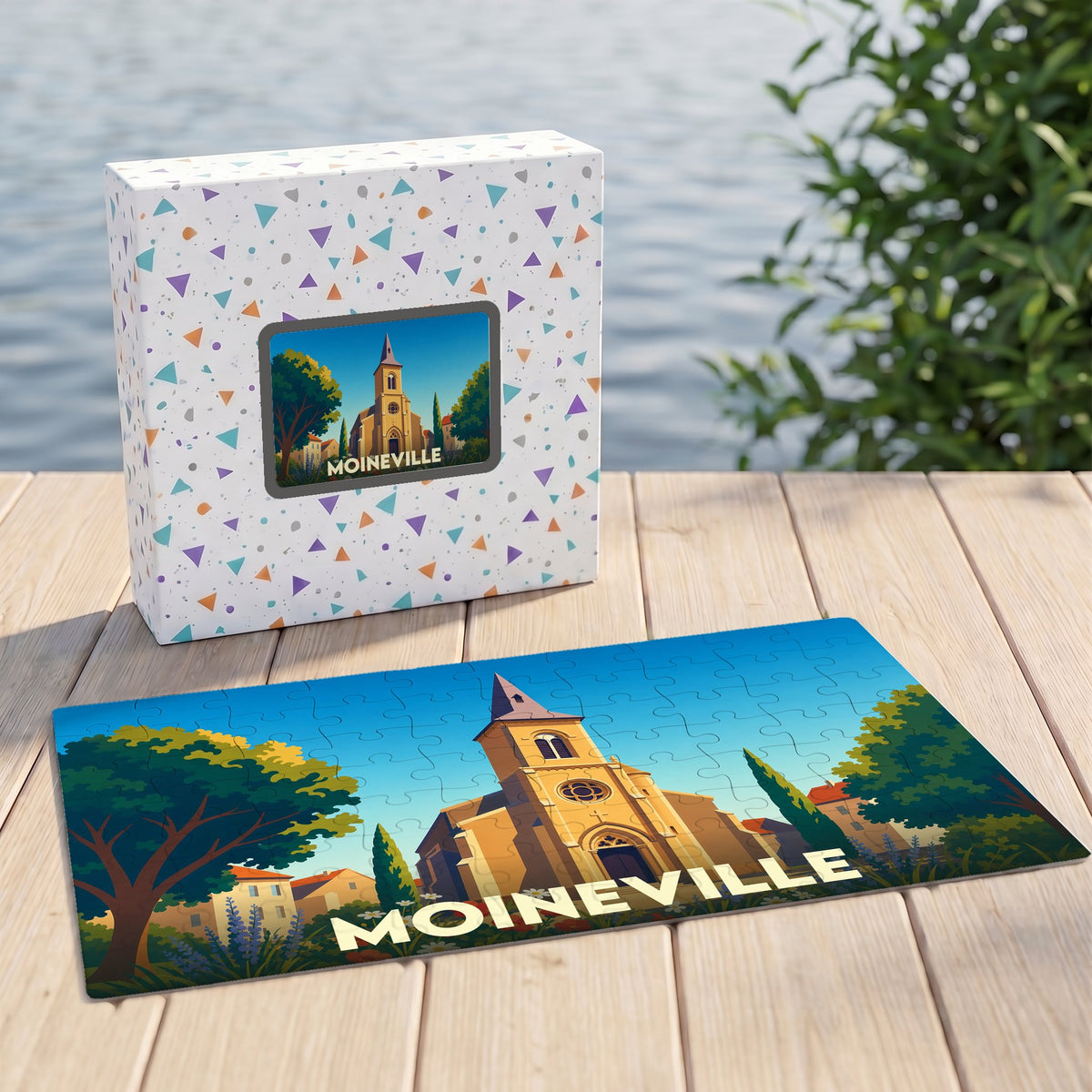 Puzzle souvenir de la ville de Moineville avec une illustration stylisée d'une église sous un ciel bleu.