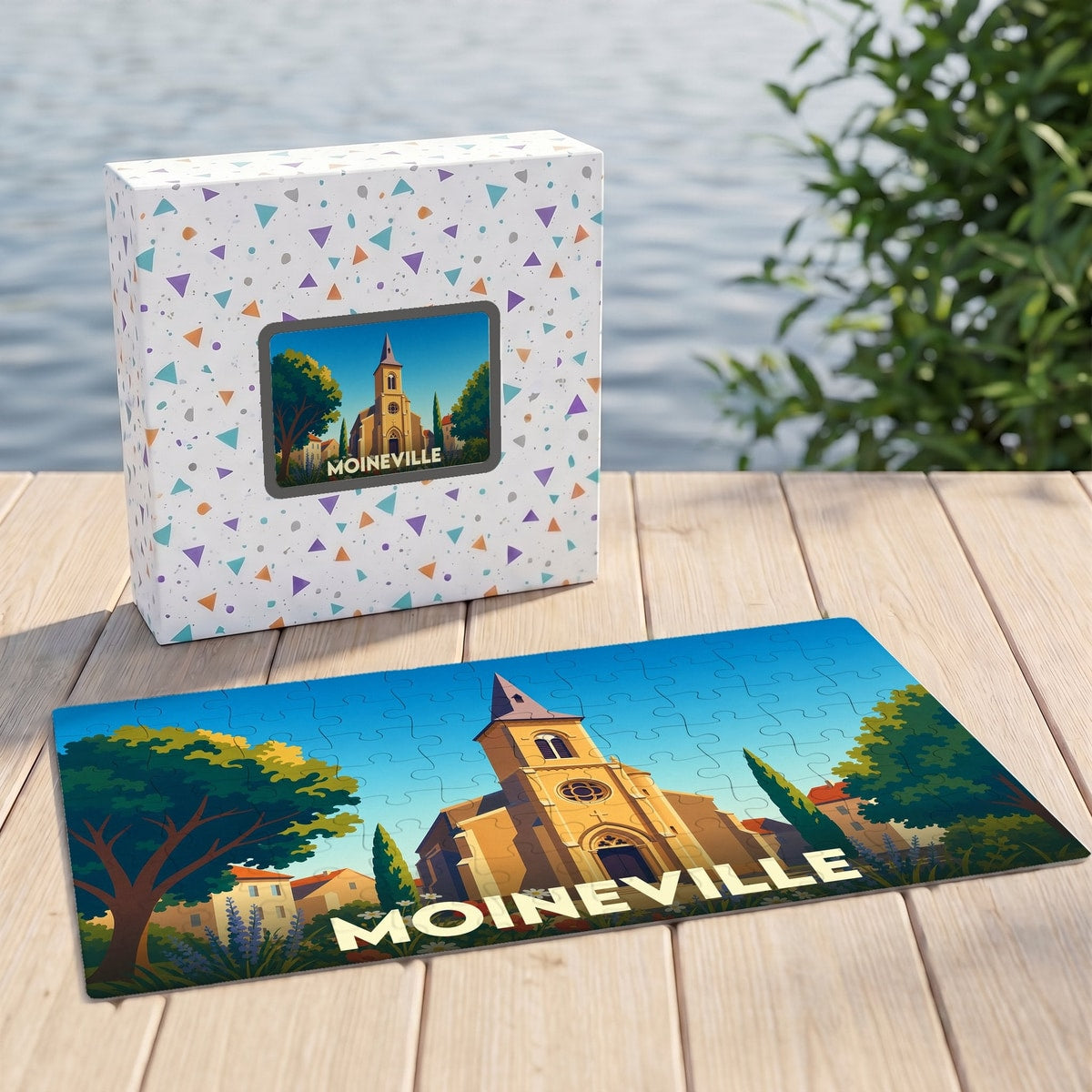 Puzzle souvenir de la ville de Moineville avec une illustration stylisée d'une église sous un ciel bleu.