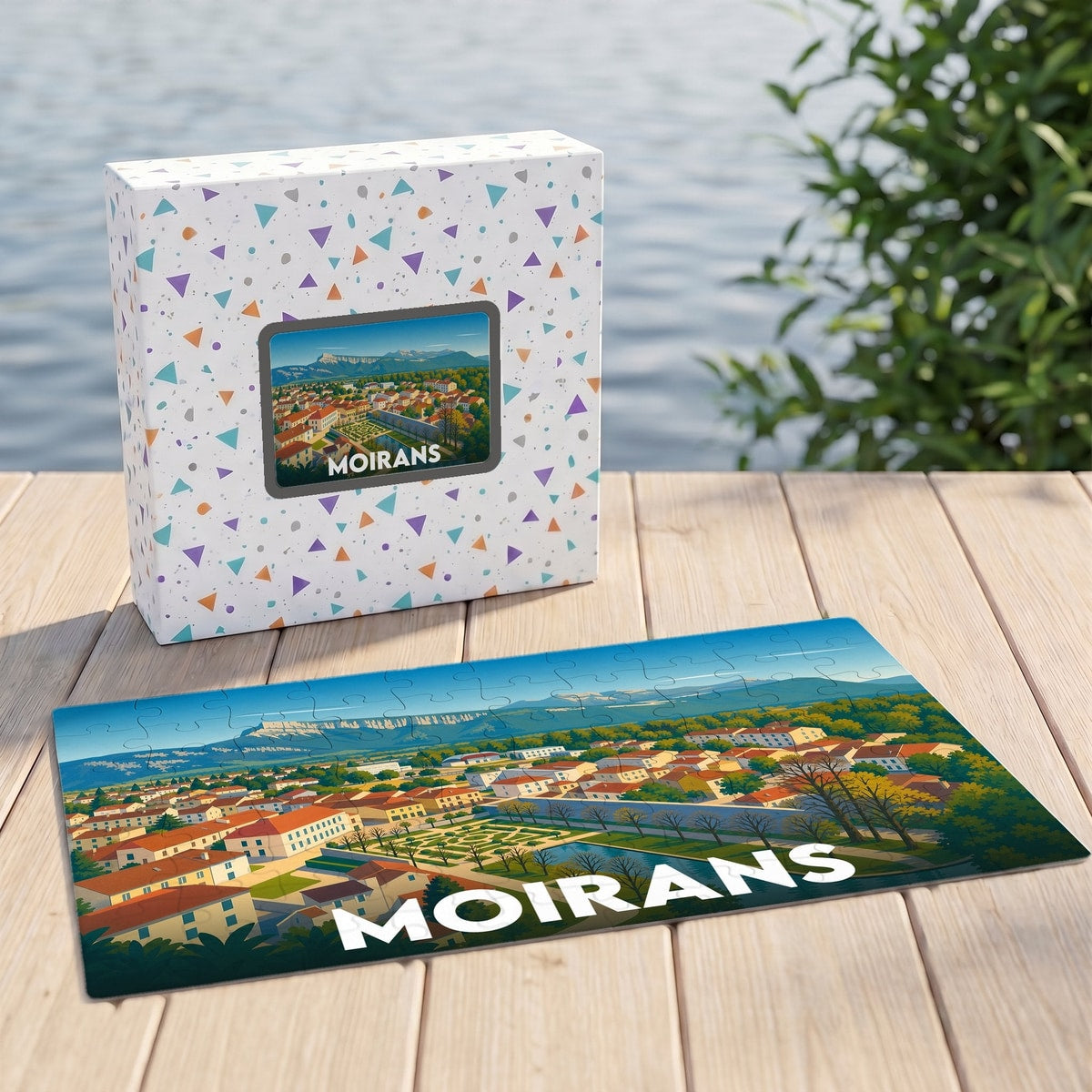Puzzle souvenir de la ville de Moirans avec une illustration stylisée et colorée.