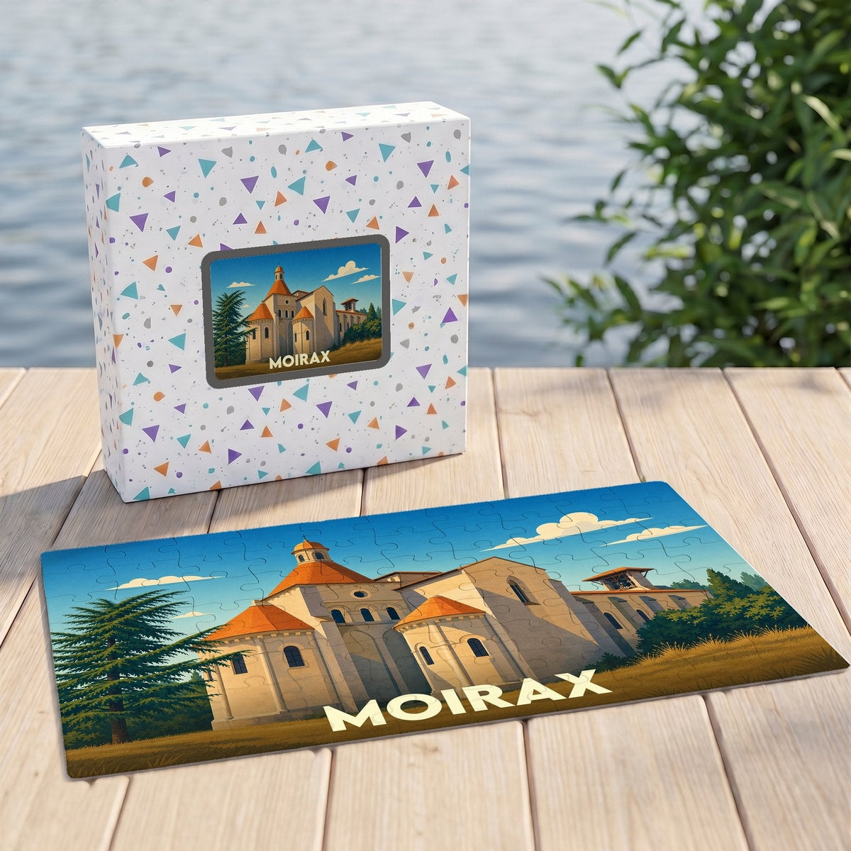 Puzzle souvenir de la ville de Moirax avec une illustration stylisée d'un monument historique.