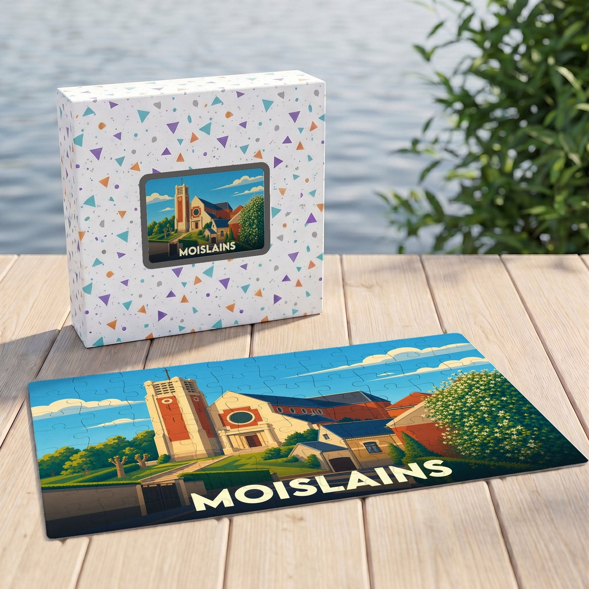 Puzzle souvenir de la ville de Moislains avec une illustration stylisée de son église.