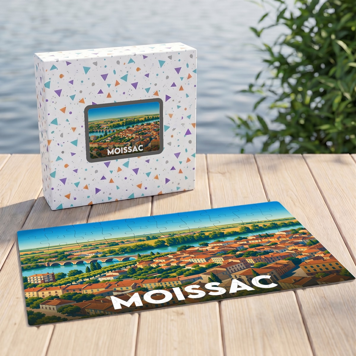 Puzzle souvenir de la ville de Moissac avec une illustration stylisée d'un paysage urbain au bord de l'eau.